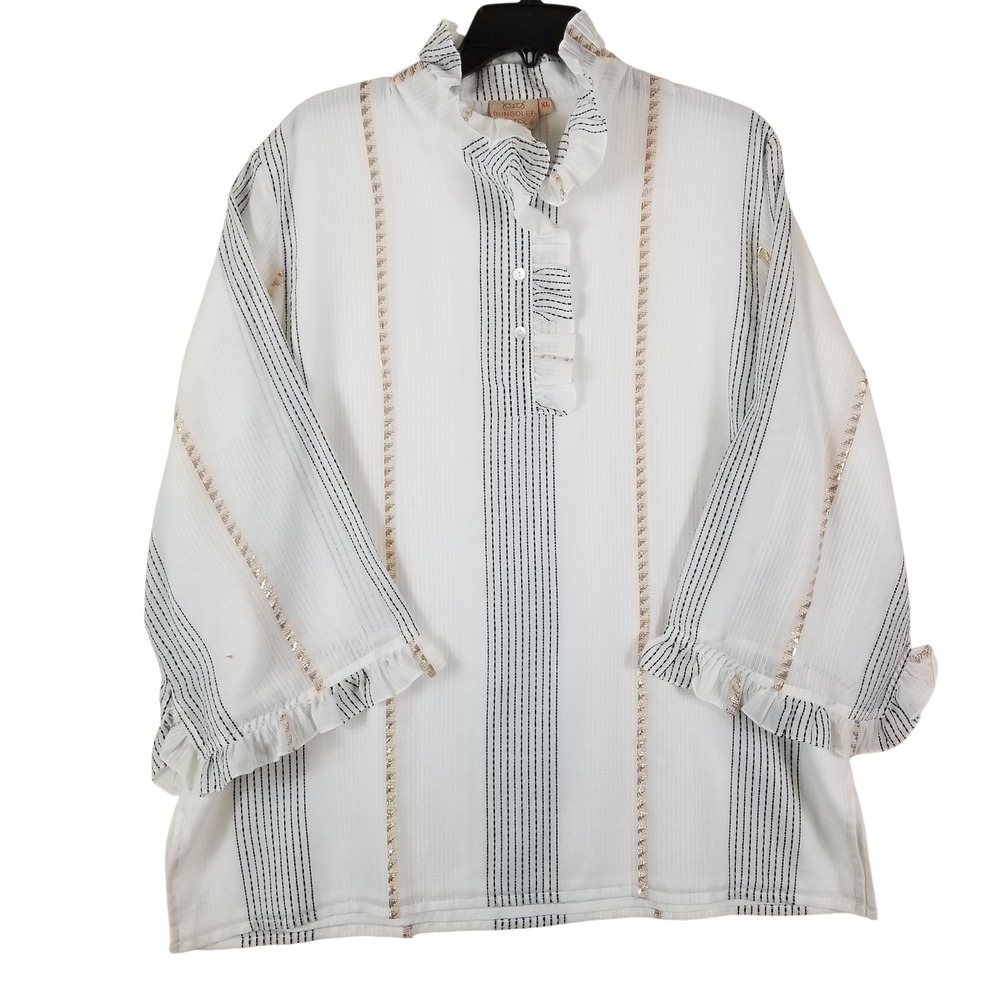 Rungolee Jacqueline Blouse Women XL Ivory Black Gold Striped Metallic Ruffle NEW